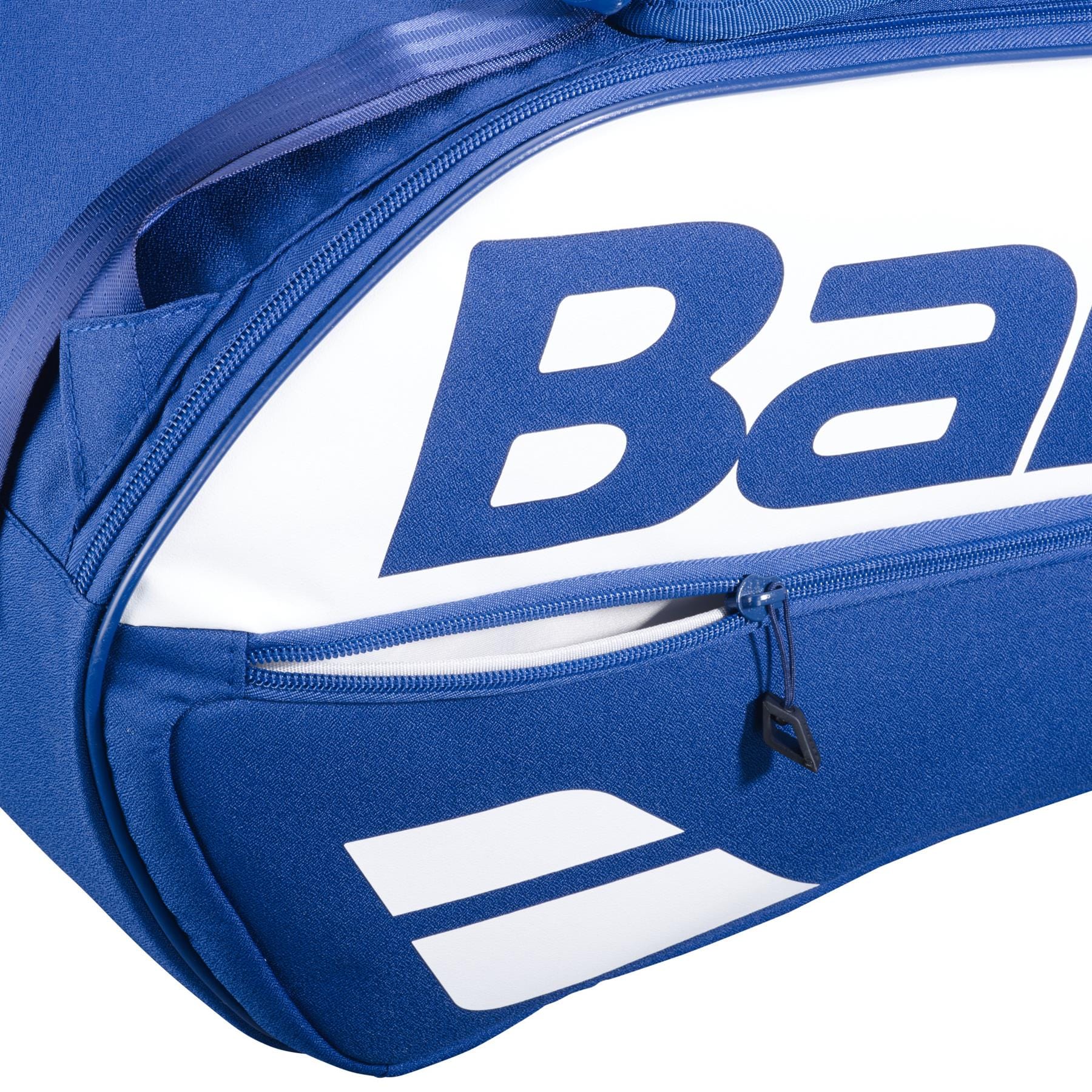 Close-up of the Babolat Court L 9 Racket Badminton Bag in dark blue, featuring a visible zipper pocket, part of the bold Babolat logo, and a white graphic design. Made from recycled PET for both style and sustainability.