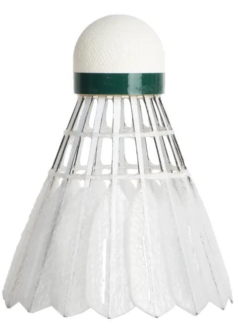 A close-up of a Victor New Carbonsonic NCS Badminton Shuttlecock by Victor shows a white shuttle with a dark green band near the top and an overlapping feather-style skirt. Set includes 12 shuttlecocks.