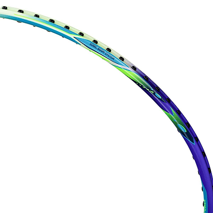 Close-up of the Li-Ning Windstorm 72 Power 6U Badminton Racket in purple, showing its lightweight edge with string holes, "Sonic Boom System" text, and TB Nano Technology.