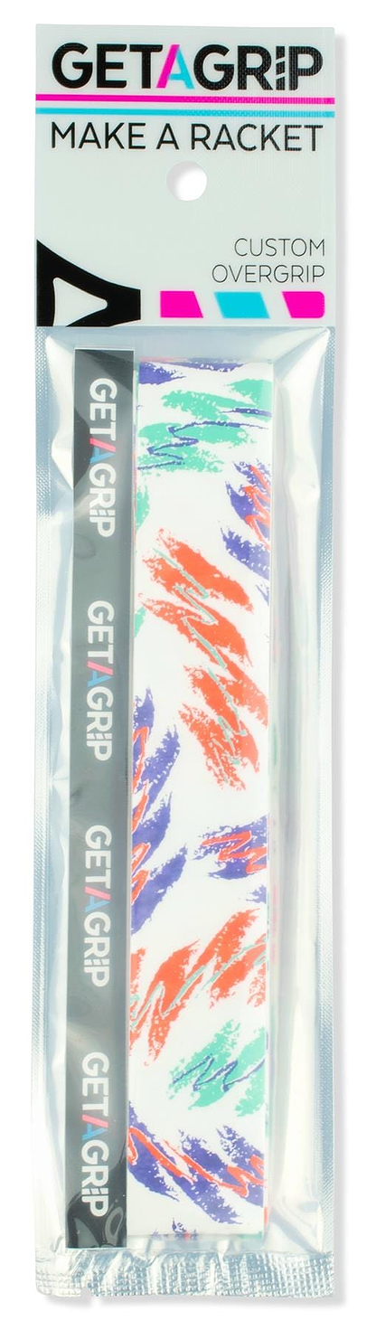Get A Grip Badminton Overgrip - Baseline by Get A Grip: a premium white grip for sports rackets with orange, purple, and teal abstract brushstroke patterns, plus a black "GETAGRIP" finishing tape.