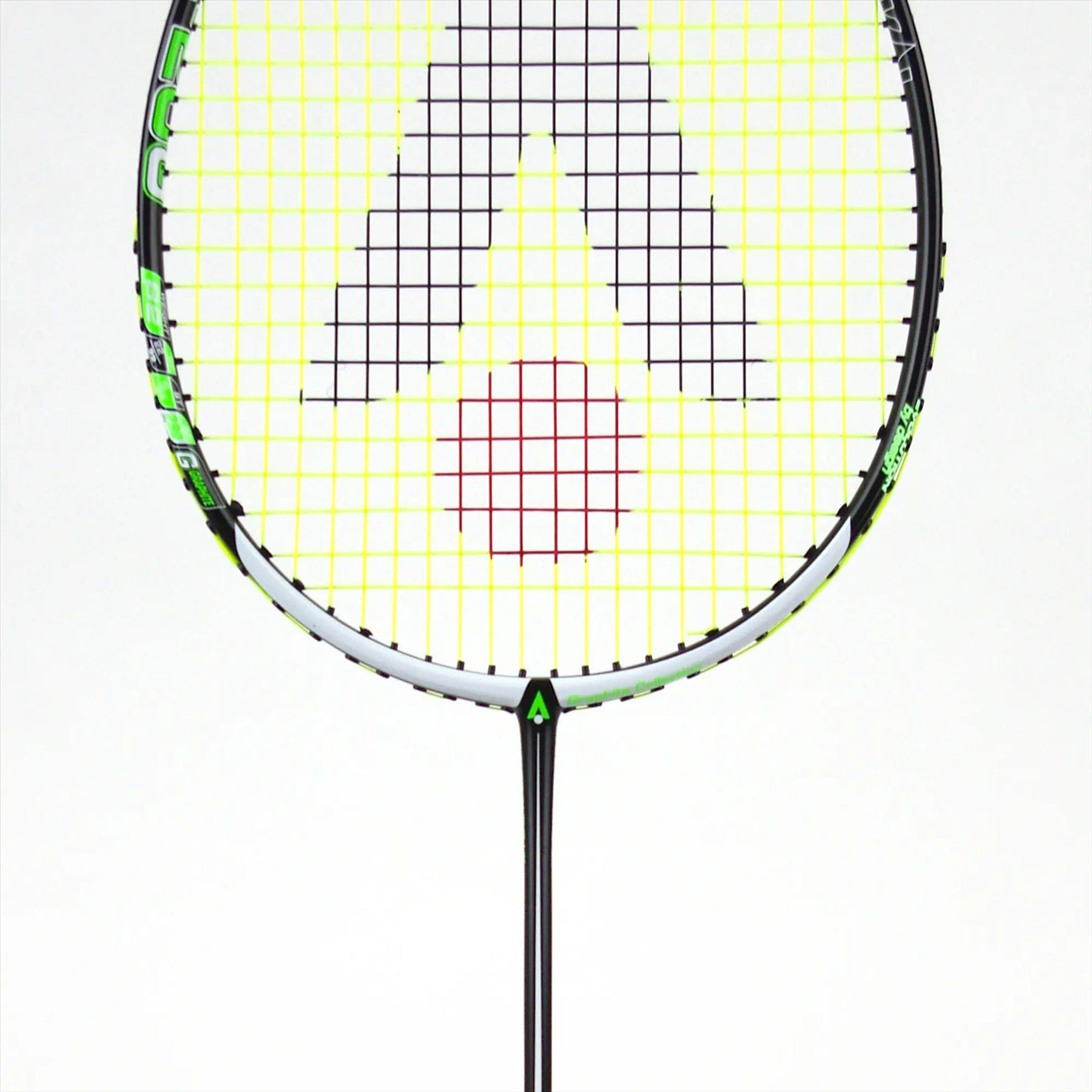 Close-up of a Karakal Black Zone BZ 20 2.1 badminton racket with yellow strings and a red center pattern. The isometric head frame is mainly black, accented in green and gray, on a plain white background.