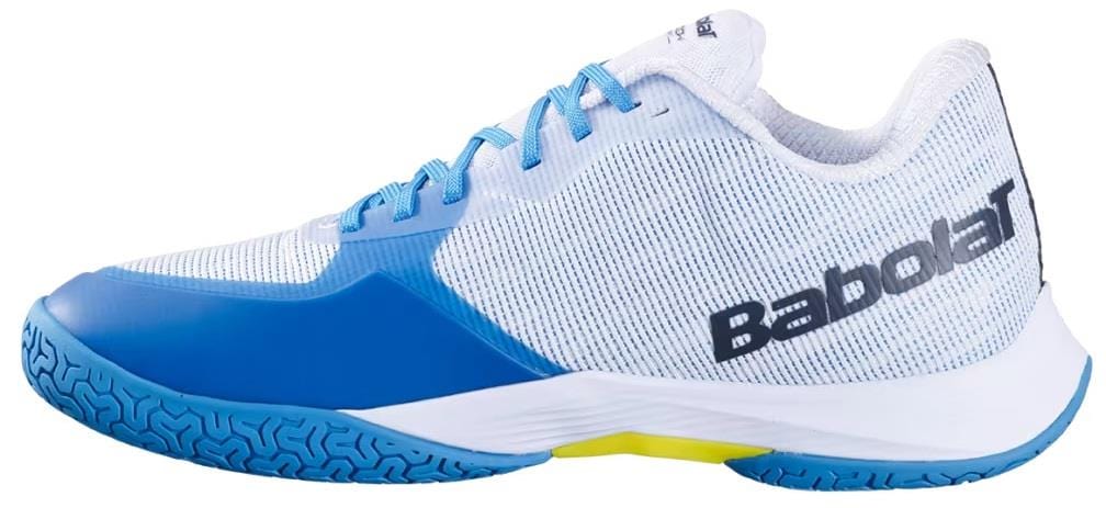 The Babolat Shadow Spirit 2 Men's Badminton Shoes in White/Algier Blue feature a mesh upper, blue laces, a durable Michelin outsole, and the Babolat logo in black on the side.