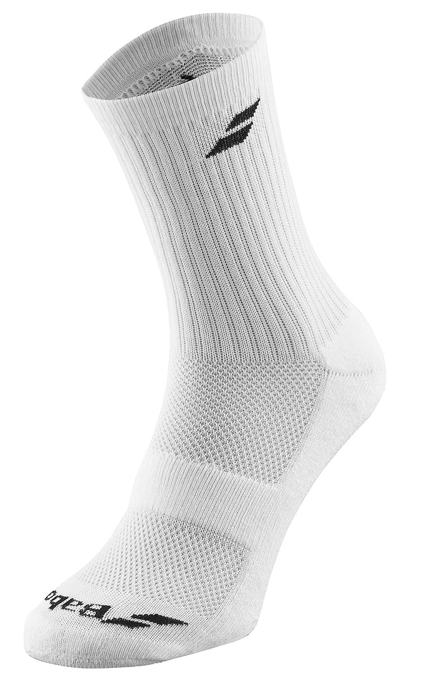 A single sock from the Babolat Long 3 Pack Badminton Socks in white, showcasing a ribbed texture with black logo designs at the top and toe. It features ventilated zones to enhance breathability, providing comfort and support for sports activities. The sock stands upright against a plain background, making it ideal for badminton players.