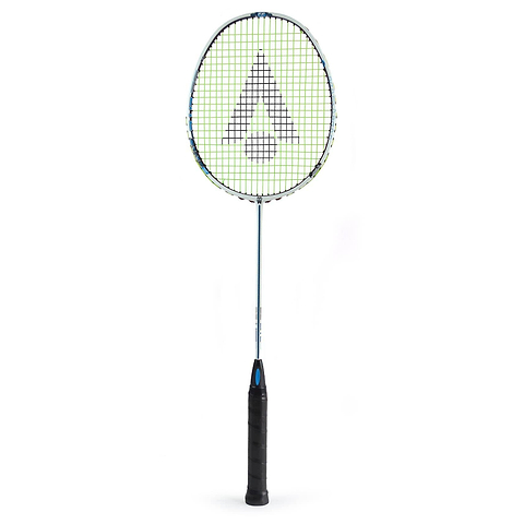 The Karakal Black Zone BZ Lite Badminton Racket - White includes a black grip and an isometric head with a geometric string pattern against a white background, featuring Muscle Tec technology for improved performance.