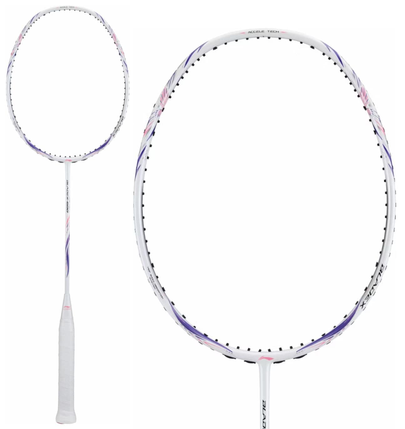 The Li-Ning BladeX 600 5U Badminton Racket in white, with light pink and purple accents and Ultra Carbon Build for durability, is shown fully on the left and as a head close-up on the right, both against a plain white background.