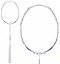 The Li-Ning BladeX 600 5U Badminton Racket in white, with light pink and purple accents and Ultra Carbon Build for durability, is shown fully on the left and as a head close-up on the right, both against a plain white background.