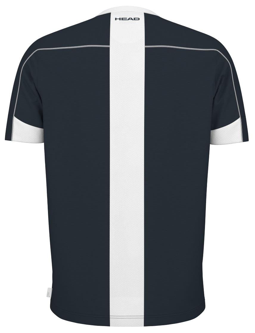 Back view of the HEAD Play Tech Mens Badminton T-Shirt - Navy, featuring short sleeves, a wide white vertical stripe down the center back, white sleeve panels, and "HEAD" branding near the collar.