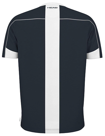 Back view of the HEAD Play Tech Mens Badminton T-Shirt - Navy, featuring short sleeves, a wide white vertical stripe down the center back, white sleeve panels, and "HEAD" branding near the collar.