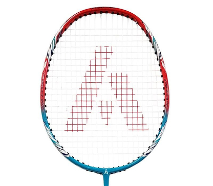 The Ashaway AM 9SQ Badminton Racket by Ashaway features a vibrant red and turquoise frame with a distinctive red "A" design on the white strings. The racket is crafted with a carbon shaft for enhanced power, control, and precision, standing out against the plain white background.