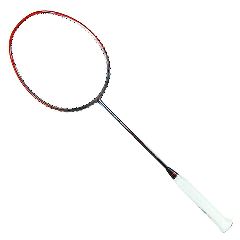 The Li-Ning 3D Calibar 900 Boost Badminton Racket is displayed diagonally on a plain white background, showcasing its red and black frame paired with a white grip handle. Its streamlined design incorporates Dynamic-Optimum Frame technology, enhancing its performance capabilities.