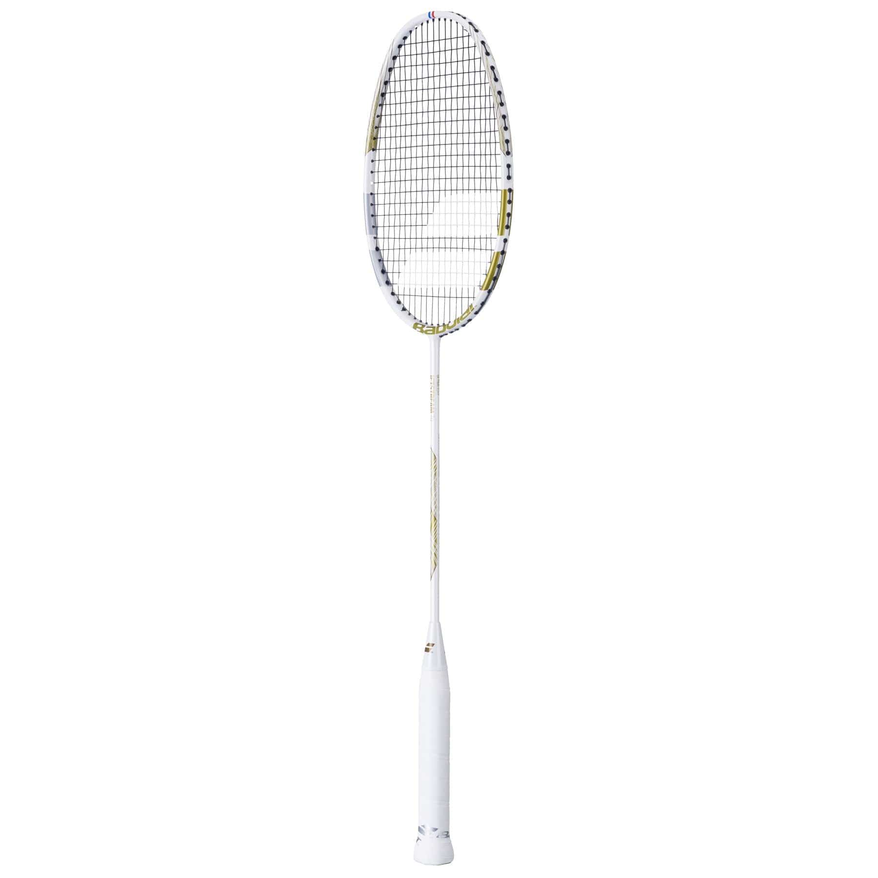 The Babolat Jetstream 74 6U badminton racket in white with gold highlights, designed for optimum handling, features an ultra-light build and stands upright against a plain white backdrop.