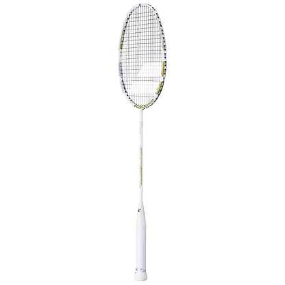 The Babolat Jetstream 74 6U badminton racket in white with gold highlights, designed for optimum handling, features an ultra-light build and stands upright against a plain white backdrop.