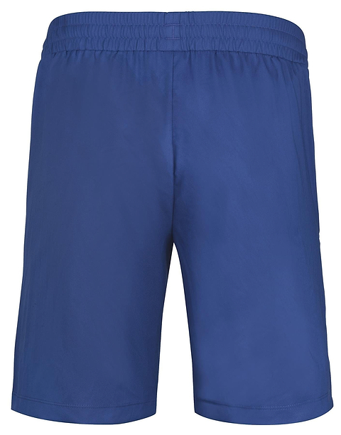 Babolat's Play Men's Badminton Shorts, featured in a vibrant Sodalite Blue, are crafted from recycled polyester fabric and include an elastic waistband for maximum comfort. These shorts offer 360 Motion for unrestricted range during intense games, elegantly displayed from the back against a pristine white backdrop.