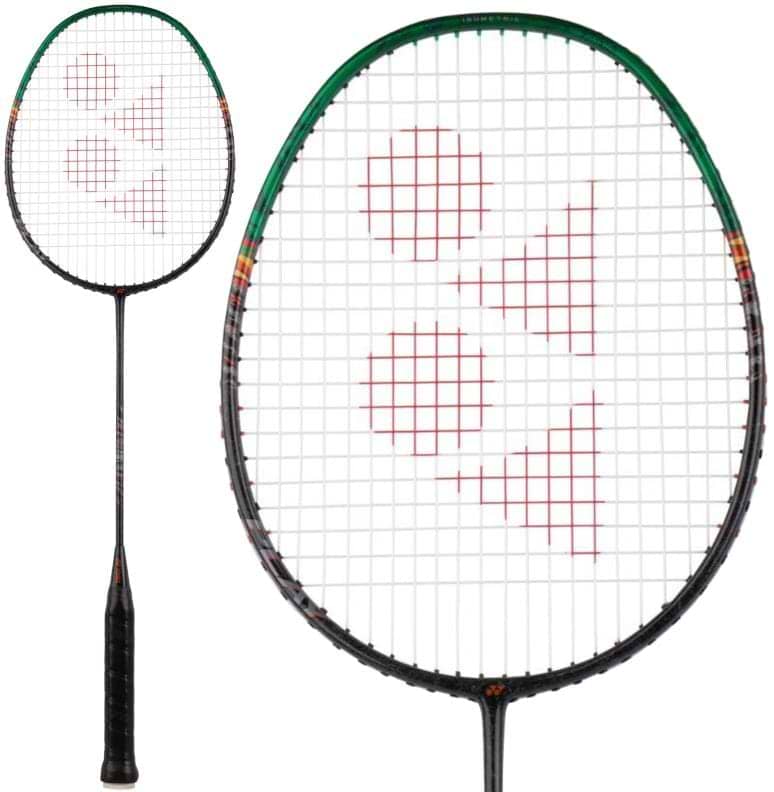 The Yonex Astrox 99 Play 4U Badminton Racket - Black / Green features a black handle, green-accented frame, and red geometric string design; shown in both full view and head close-up—ideal for beginners. Brand: Yonex.