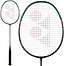 The Yonex Astrox 99 Play 4U Badminton Racket - Black / Green features a black handle, green-accented frame, and red geometric string design; shown in both full view and head close-up—ideal for beginners. Brand: Yonex.