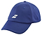 The Babolat Pure Logo Cap in Sodalite Blue features a curved brim and white logo. Crafted from lightweight, recycled polyester, it includes stitched seams and ventilation holes for comfort.