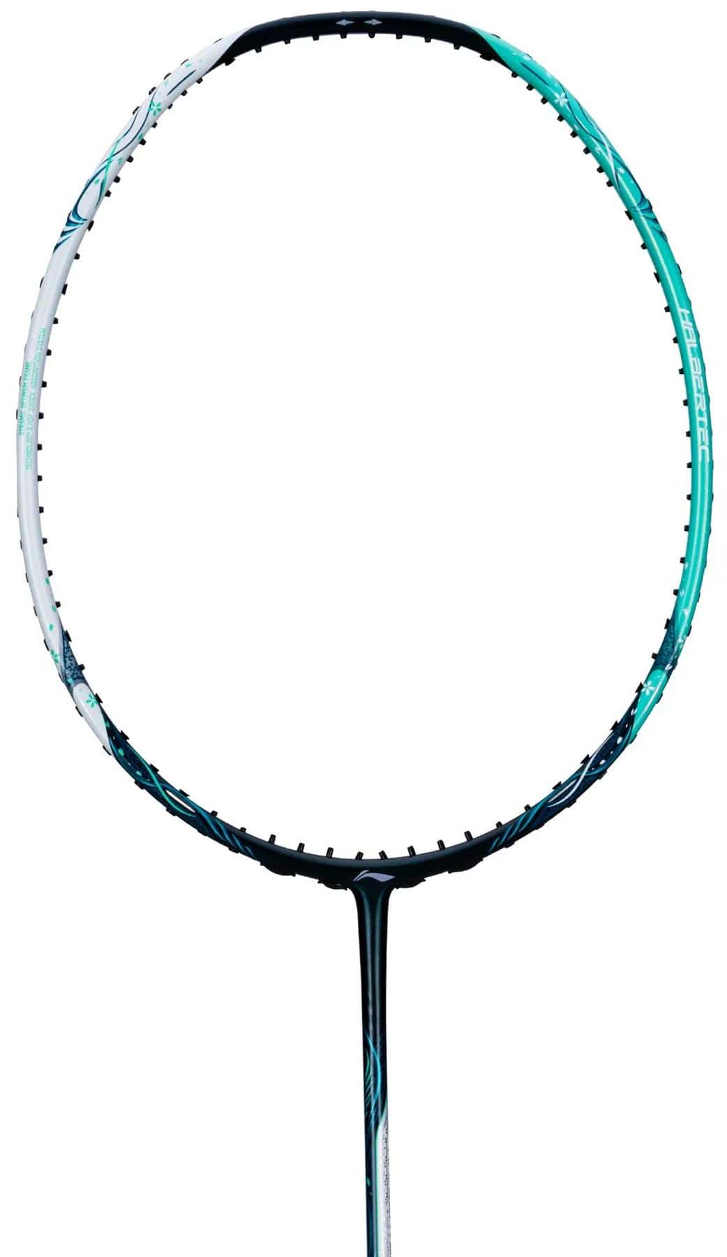 A close-up of the Li-Ning Halbertec 6000 5U Badminton Racket - Jade Green by Li-Ning, featuring a jade green Super Weave Carbon Fibre frame against a plain white background; the strings are not visible.