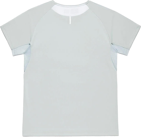 The Yonex 10713EX Crew Neck Men's Badminton T-Shirt in Silver Grey, shown laid flat with the back up, features raglan sleeves and mesh side panels for breathability and moisture-wicking comfort during play.
