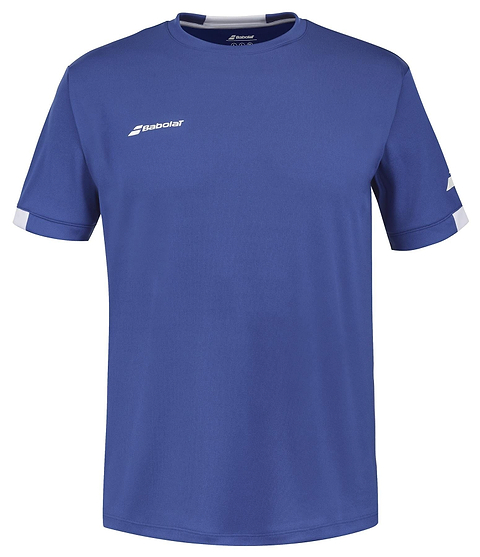 The Babolat Play Men's Crew Neck Badminton T-Shirt in Sodalite Blue is made from recycled polyester and features white Babolat logos on the left chest and right sleeve, plus a subtle white stripe detail near the sleeve cuffs.