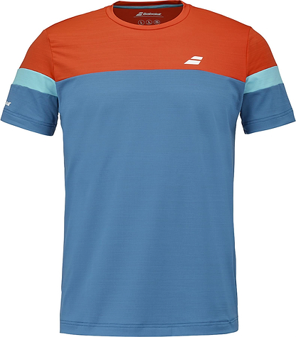 The Babolat Crew Neck Mens Badminton T-Shirt - Seaport features short sleeves, a red-orange upper, blue lower, light blue sleeve stripes, and small white Babolat logos on the left chest and left sleeve.