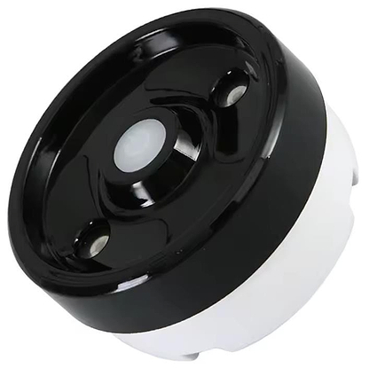A close-up of the BadmintonHQ Badminton Shuttlecock Humidifier, a round black and white plastic device with a glossy finish, central white button, and metallic details, designed for advanced shuttlecock humidification.