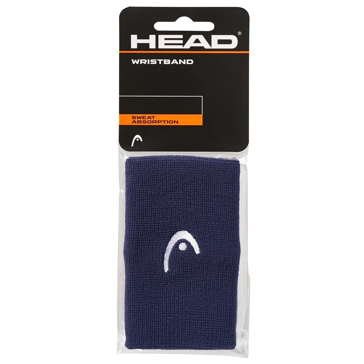 The packaging for the HEAD 5" Badminton Wristband in navy highlights its impressive sweat absorption and outstanding elasticity, featuring a striking white HEAD logo.
