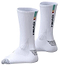 The HEAD Colour Crew Badminton Socks in white and turquoise feature ribbed texture, black "HEAD" text on the side, colorful ankle stripes, zonal cushioning for comfort, and black accents on toes and heels.