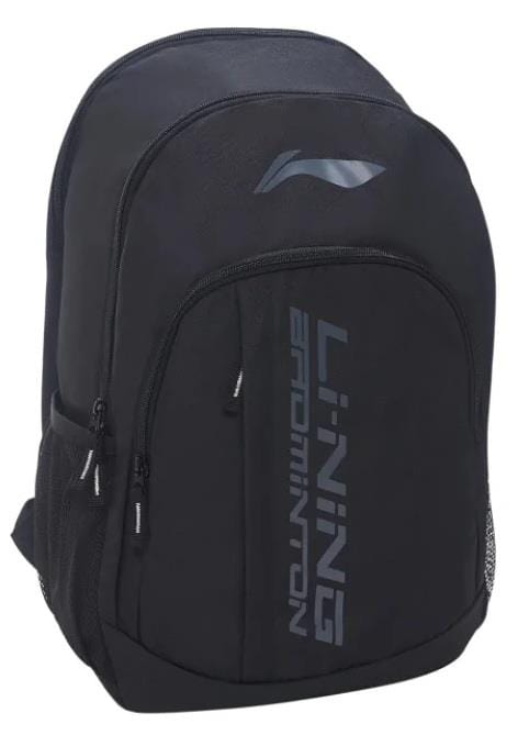 The Li-Ning Sporty Badminton Backpack - Black is a minimalist design featuring multiple zipped compartments, side mesh pockets, and padded straps. It prominently displays "LI-NING BADMINTON" in gray on the front.