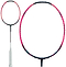 A black and pink Li-Ning Halbertec Motor Pro 5U badminton racket with a white grip is displayed in full length and close-up against a white background, emphasizing its precision and accuracy.
