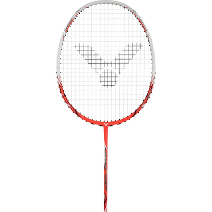 Introducing the Victor Thruster Ryuga TD Badminton Racket in Flame Red by Victor, featuring a visually striking white and red frame with a unique logo on the string bed. The racket's bold red handle, accented with black details, offers a sleek and modern look. It boasts Powerbox technology to enhance its aerodynamic structure for exceptional high-power performance.