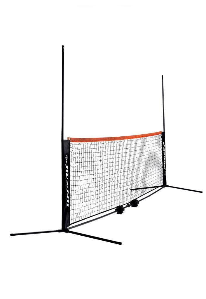 The Dunlop 3m Mini Badminton Net & Post Set features black poles, a black mesh net with an orange top border, and two X-shaped bases for stability, all set up against a white background.