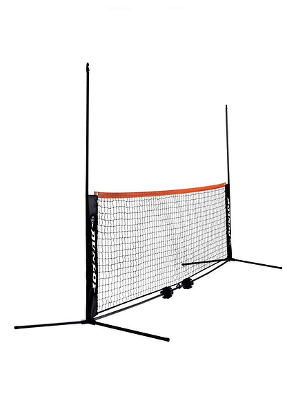 The Dunlop 3m Mini Badminton Net & Post Set features black poles, a black mesh net with an orange top border, and two X-shaped bases for stability, all set up against a white background.