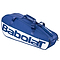The Babolat Court M 6 Racket Badminton Bag in dark blue offers handles and zippered compartments for rackets and gear, all crafted from recycled PET materials.