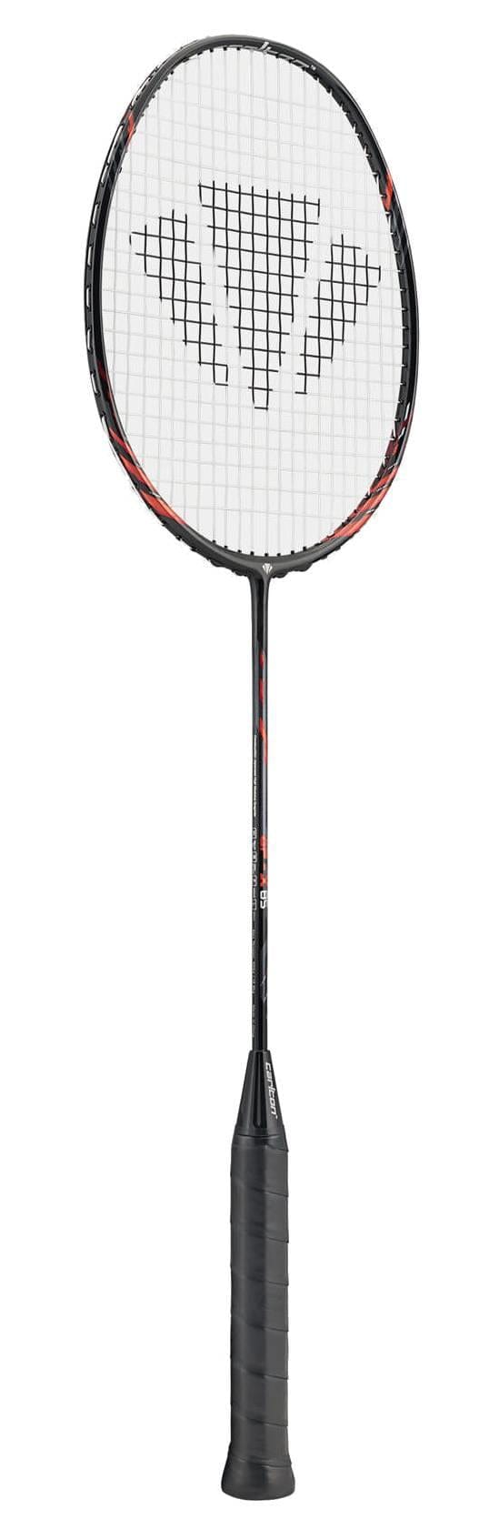 The Carlton GP-X 85 3U Badminton Racket by Carlton features a black and red frame made from Japanese High Modulus Graphite, a white string bed with central logo, and a black grip—ideal for players seeking advanced performance.