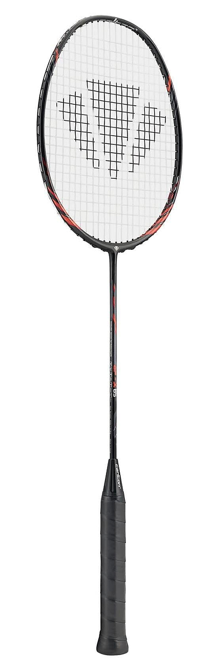 The Carlton GP-X 85 3U Badminton Racket by Carlton features a black and red frame made from Japanese High Modulus Graphite, a white string bed with central logo, and a black grip—ideal for players seeking advanced performance.