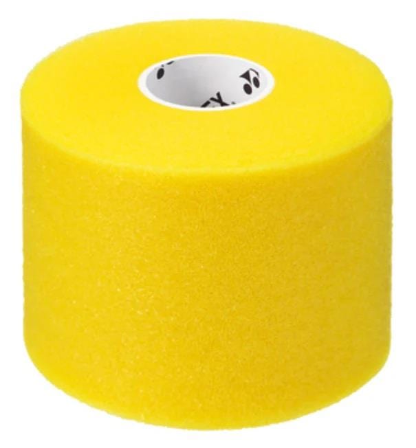 The Yonex AC381 Cushion Wrap Badminton Overgrip - 30m in yellow stands upright on a white background—perfect for cushioning and maximum absorbency.