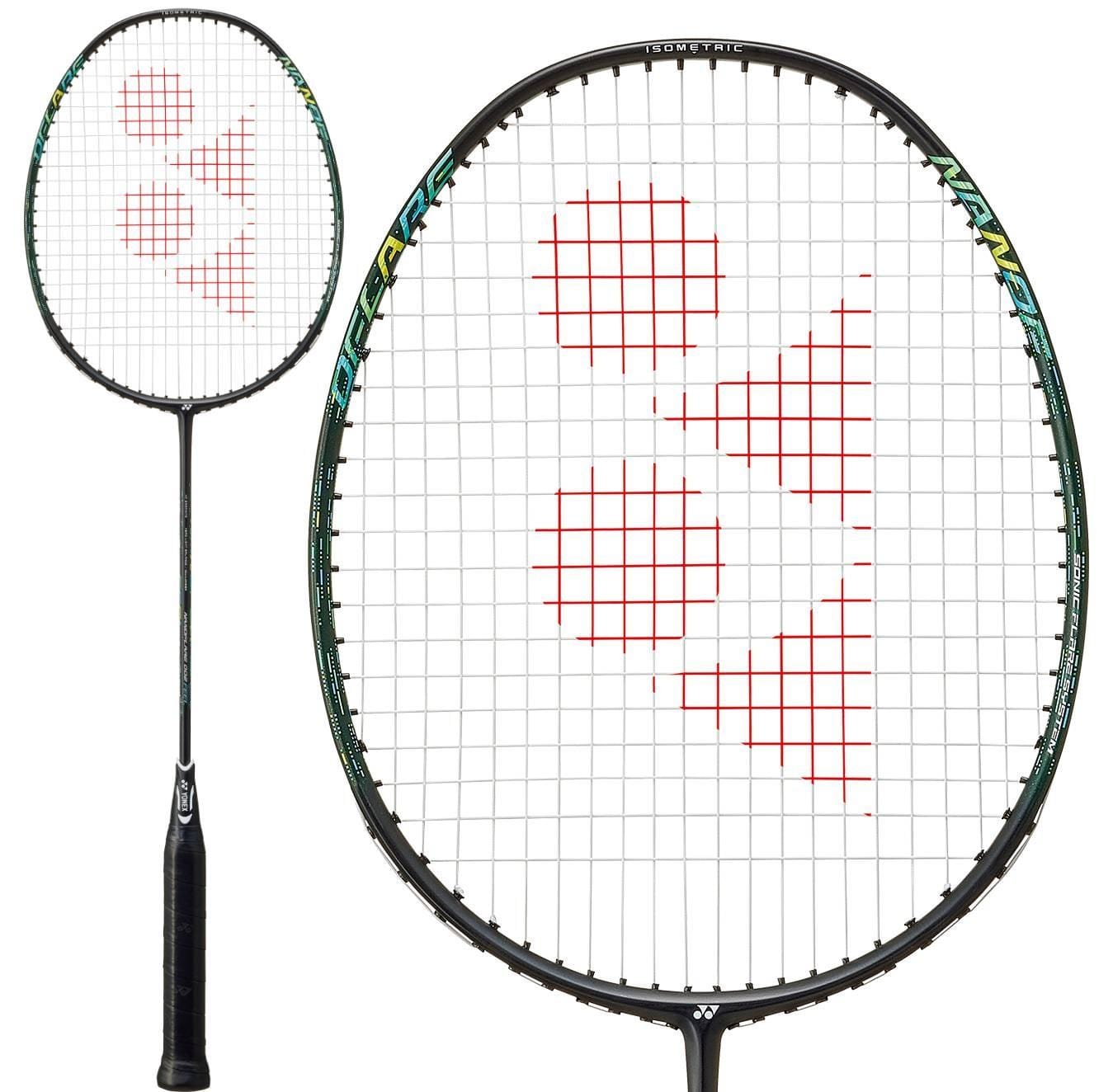 The image shows the Yonex Nanoflare 002 Feel 4U Badminton Racket in black/green, with a head light balance, black handle and frame, red Yonex logo on the white strings, and both full and close-up views of the racket’s head.