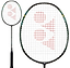 The image shows the Yonex Nanoflare 002 Feel 4U Badminton Racket in black/green, with a head light balance, black handle and frame, red Yonex logo on the white strings, and both full and close-up views of the racket’s head.