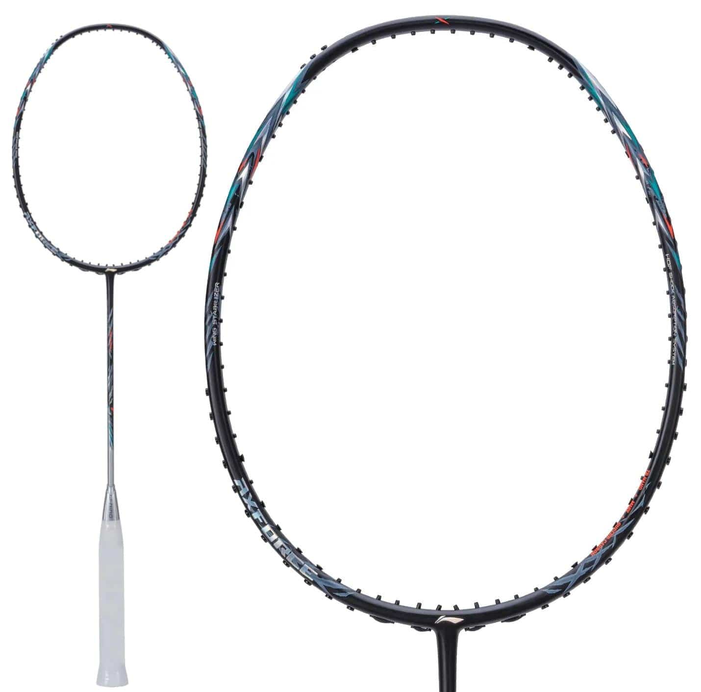 Close-up and full view of the Li-Ning Axforce 70 5U Badminton Racket by Li-Ning, in black and silver with a white handle, unstrung. Features Wing Stabiliser technology, shown against a plain white background.