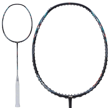 Close-up and full view of the Li-Ning Axforce 70 5U Badminton Racket by Li-Ning, in black and silver with a white handle, unstrung. Features Wing Stabiliser technology, shown against a plain white background.