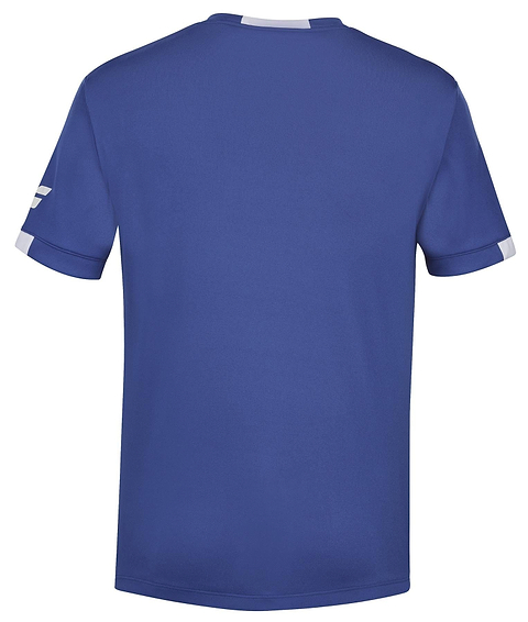 The Babolat Play Mens Crew Neck Badminton T-Shirt in Sodalite Blue, shown from the back, has white sleeve accents and a small white patch on the collar, crafted from recycled polyester.