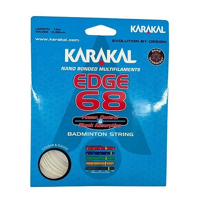 The white packaging of the Karakal Edge 68 badminton string prominently features "Nano Bonded Multifilaments" utilizing advanced Nano Technology. It highlights length, gauge, color indicators, and design aspects designed for exceptional power on the court.