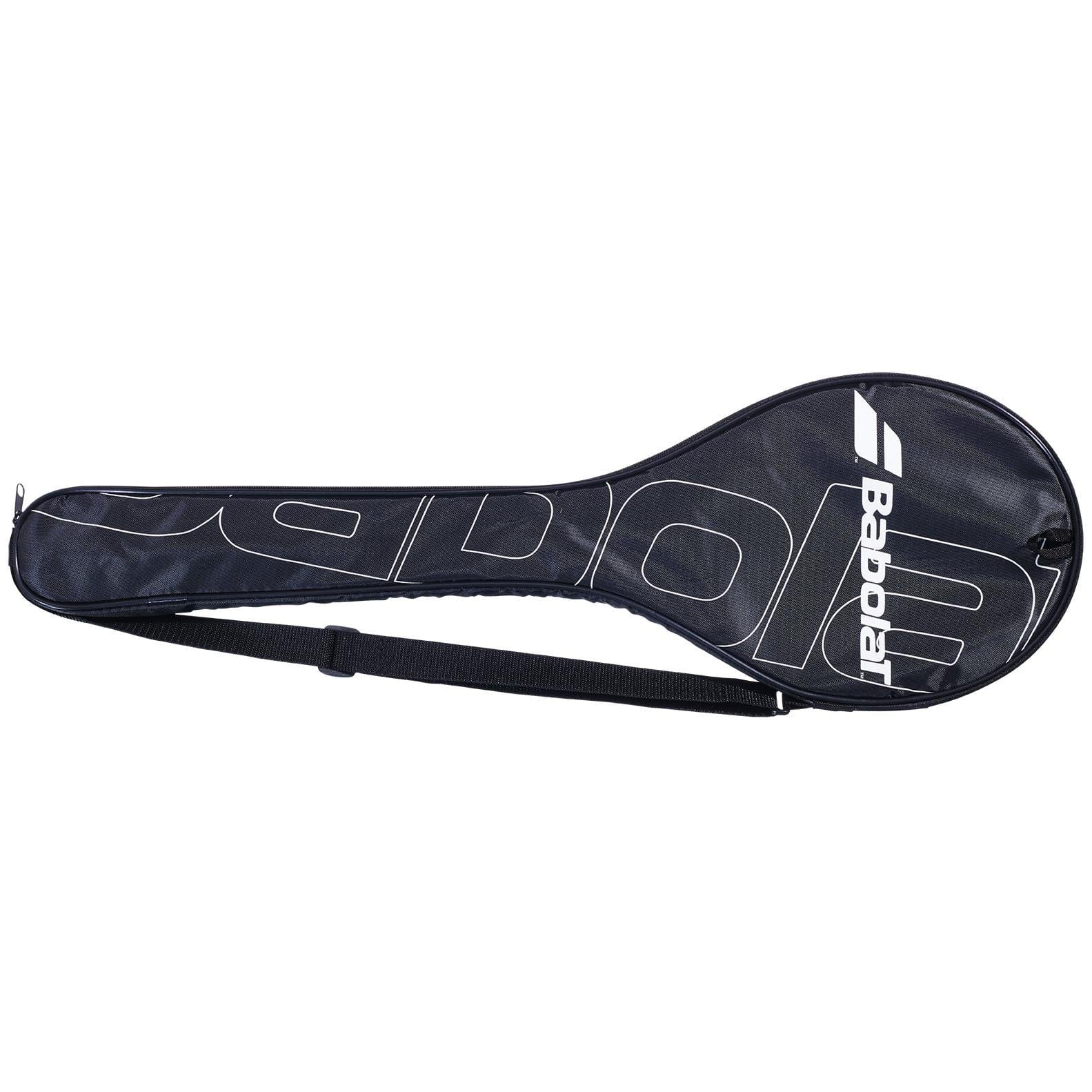 A Babolat Full Size Badminton Racket Cover Case in black, featuring an adjustable shoulder strap and the brand's logo in white. The elongated design accommodates a tennis or badminton racket and includes a side zipper for convenience.
