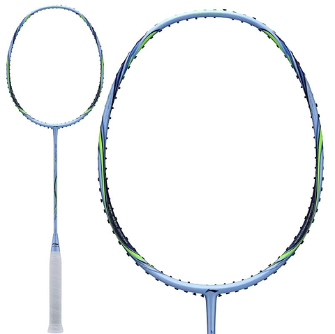 The Li-Ning BladeX 73-Light 6U Badminton Racket in Flower Blue is shown with a white grip, head-light balance, oval head with black grommets and green accents, and a full-length view of the entire racket.
