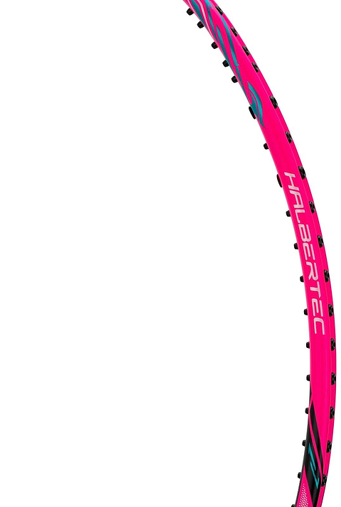 A close-up of the Li-Ning Halbertec 8000 4U Badminton Racket in Capri Breeze and Neon Iridescent Pink, featuring black and teal accents, “HALABARTEC” branding, and a military-grade carbon fibre frame against a white background.