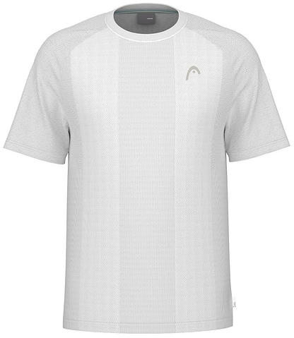 The HEAD Performance Men's Badminton T-Shirt in white features subtle vertical stripes, a small light gray logo on the left chest, and moisture-wicking fabric—ideal sportswear for badminton.