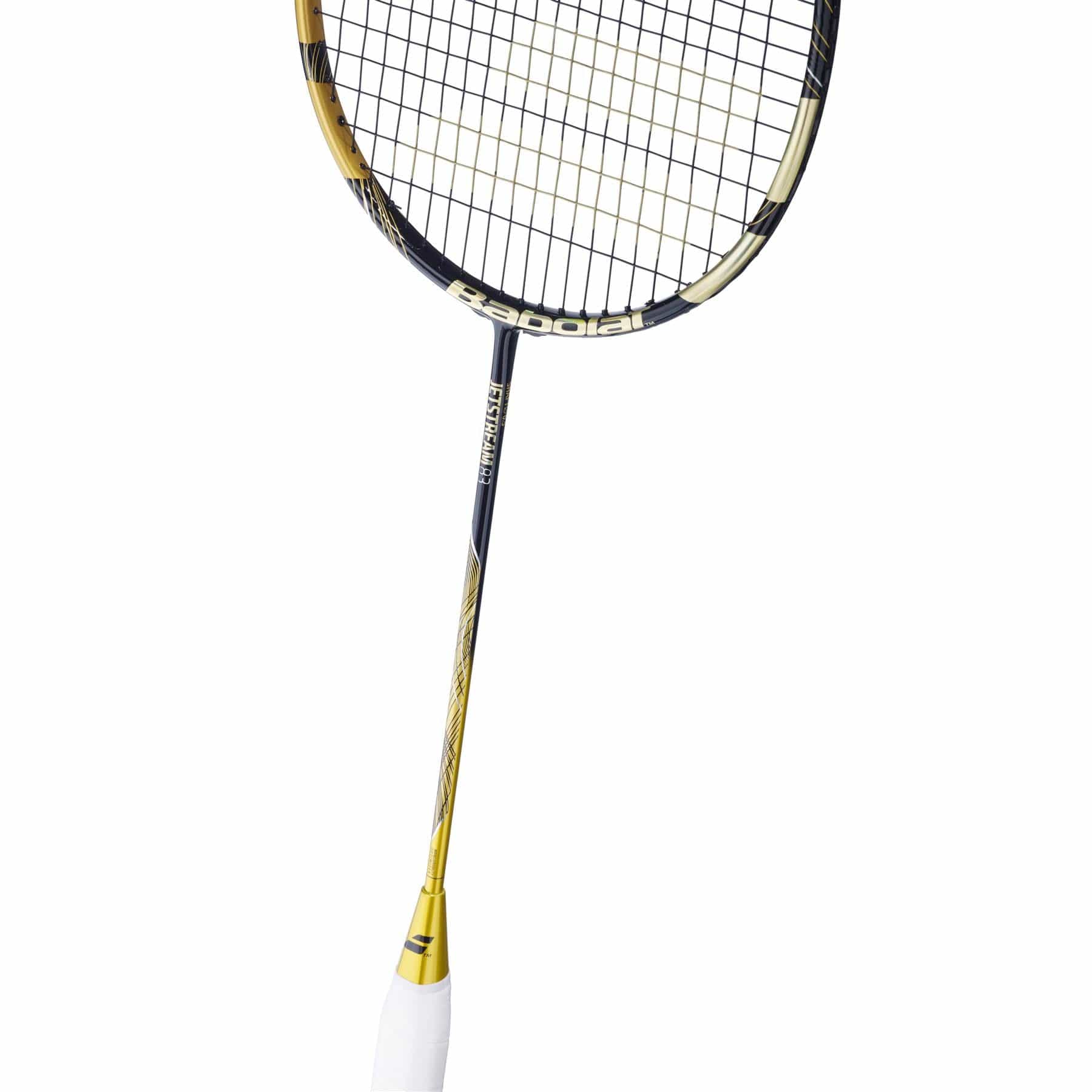 The Babolat Jetstream 83 4U Badminton Racket in gold and black offers excellent maneuverability. Its sleek design features a white grip handle, tightly woven strings, and prominently displays the Babolat brand name on the frame.