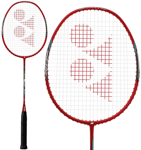 The Yonex Arcsaber 73 Light 5U Badminton Racket in Ruby Red features a black grip, white strings, and a red triangular logo on the head. The lightweight Yonex racket is displayed in full view and with a close-up of its head.