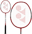 The Yonex Arcsaber 73 Light 5U Badminton Racket in Ruby Red features a black grip, white strings, and a red triangular logo on the head. The lightweight Yonex racket is displayed in full view and with a close-up of its head.