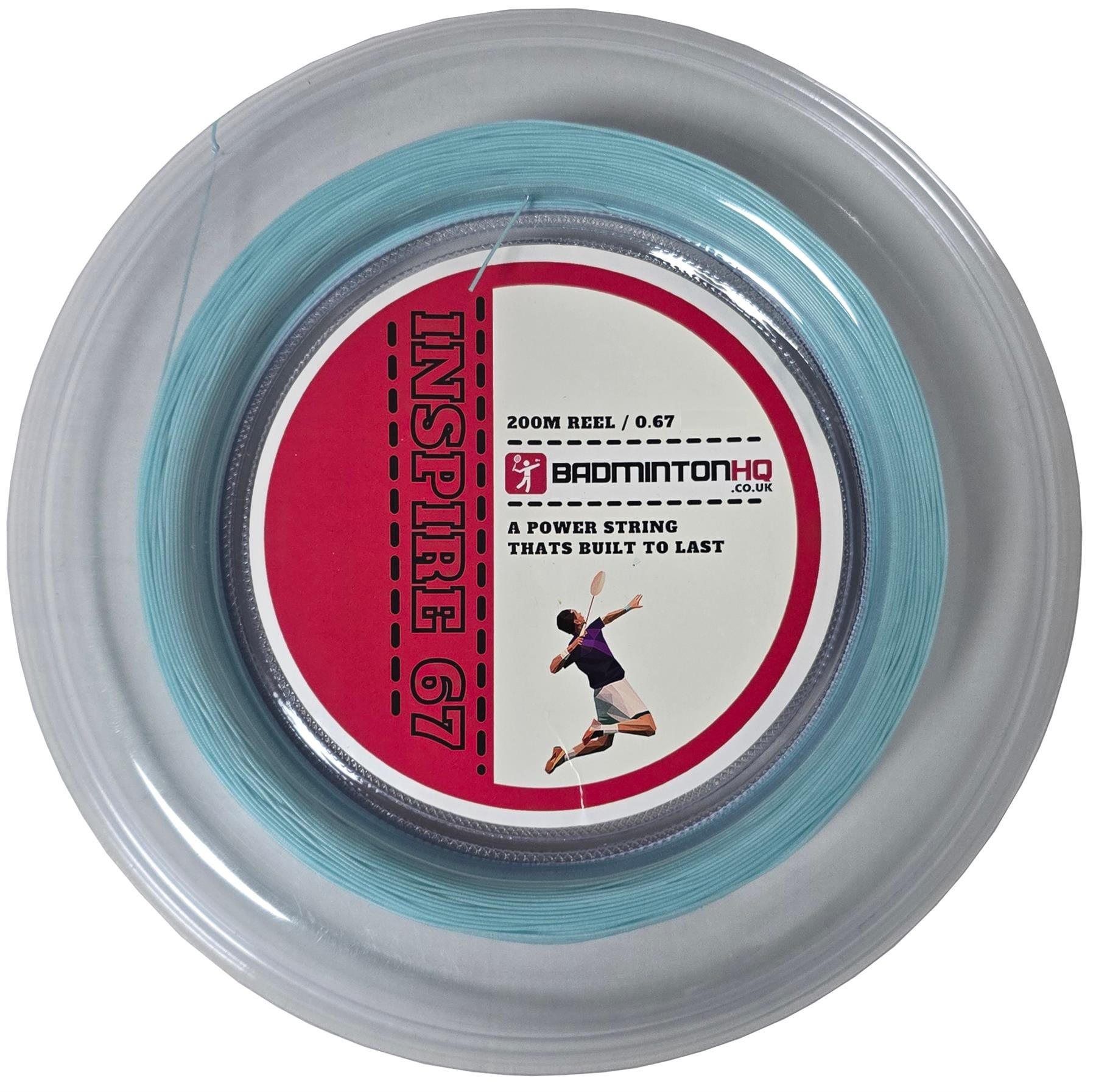 The clear round case of the BadmintonHQ Inspire 67 Zoom Light Blue badminton string (0.67mm, 200m) features a red label with a player's silhouette and the text "A power string that's built to last" from BADMINTONHQ.CO.UK. Crafted with durable nylon multifilament, it's perfect for racket stringing enthusiasts.